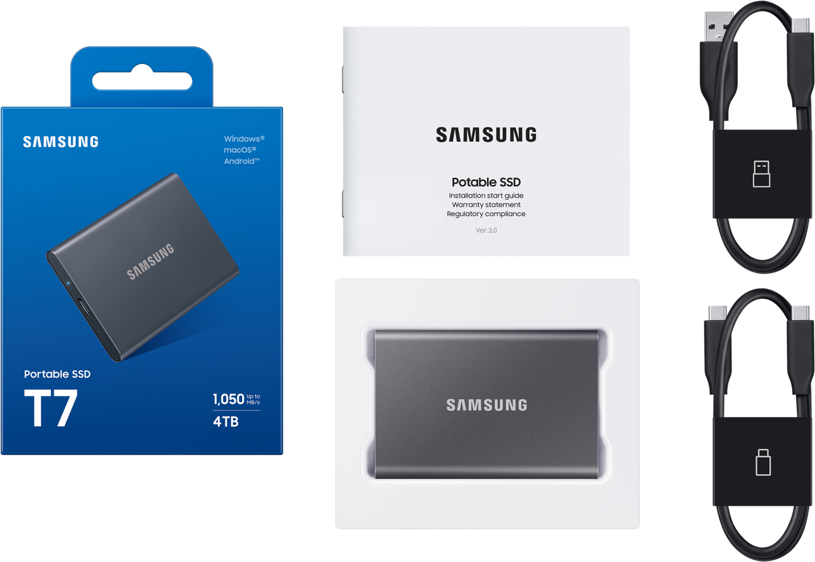 Une boîte avec un SSD portable, des câbles et un manuel Samsung sur fond blanc.