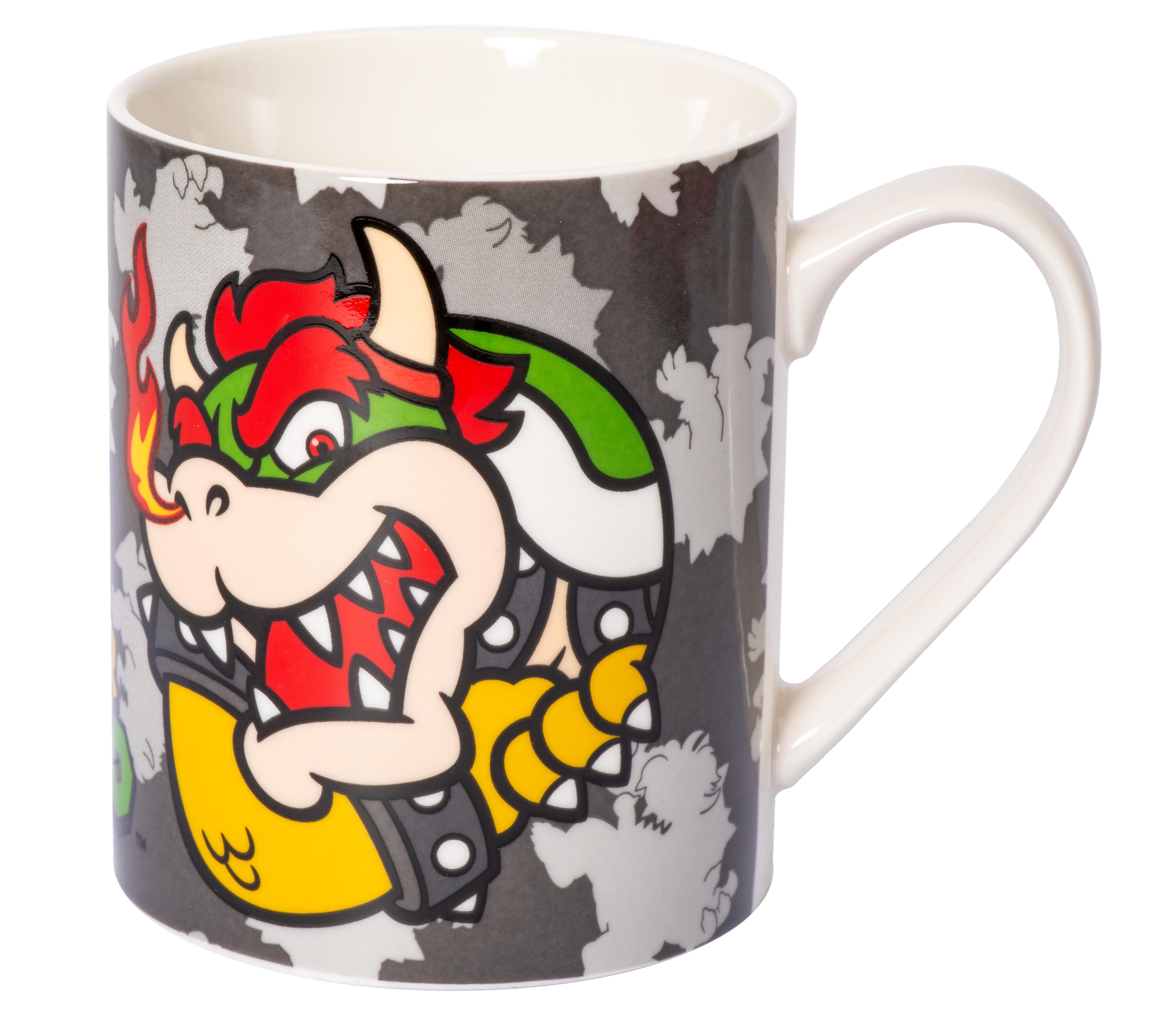 Bowser-Tasse mit Bowser-Charakterkunst, mit weißem Henkel und Hintergrund.