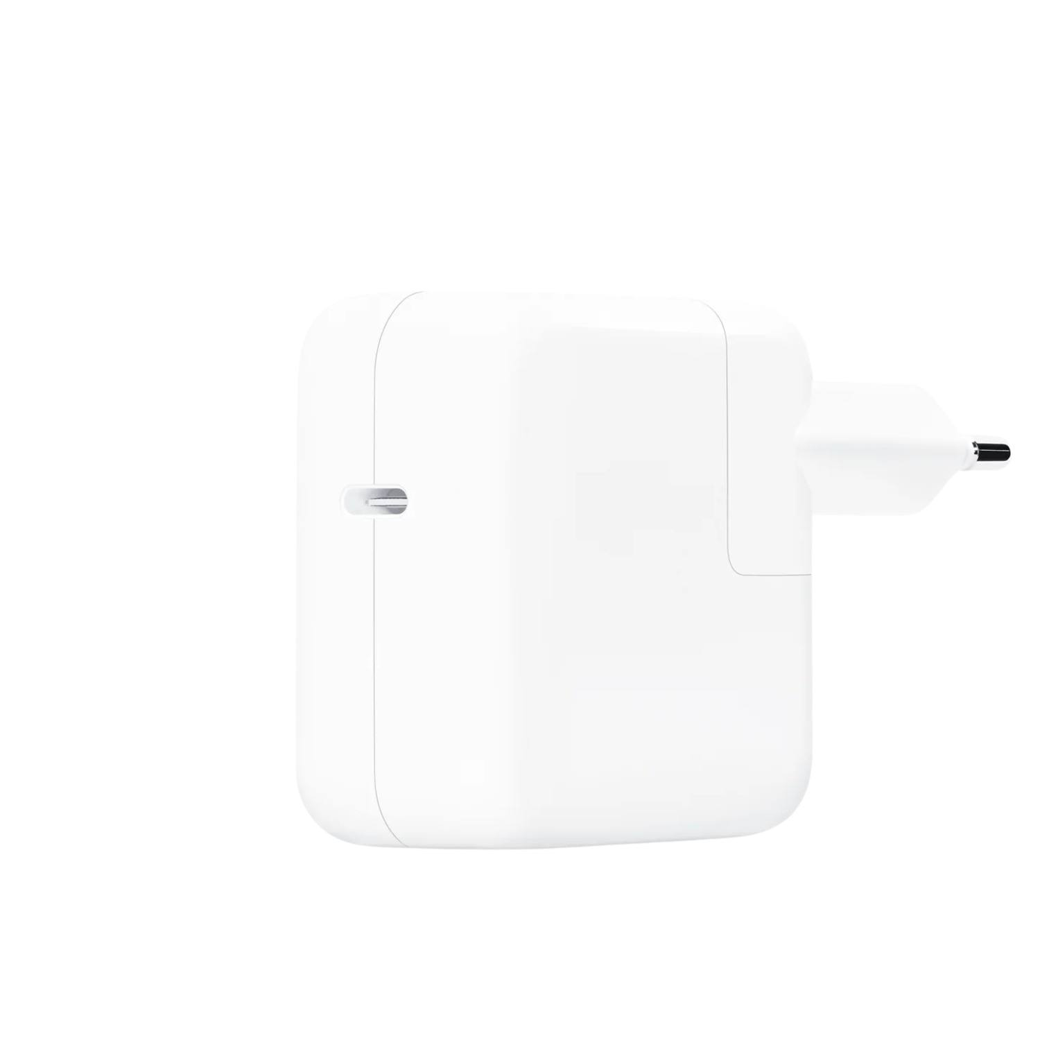 A white Apple power adapter, with a plug and a small opening.