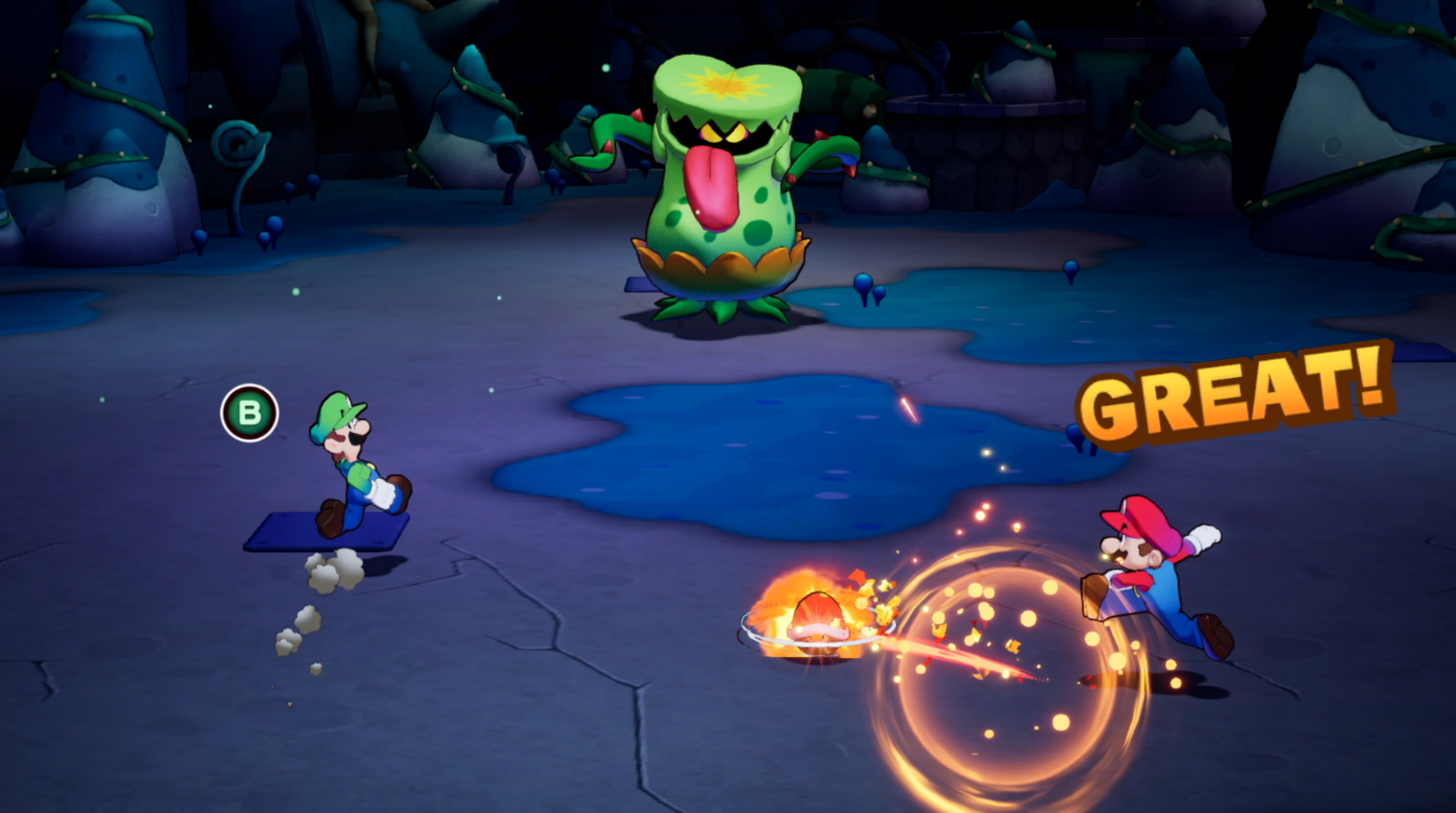 Luigi auf Plattform und Mario tritt Feuer auf ein grünes Monster mit Zunge.