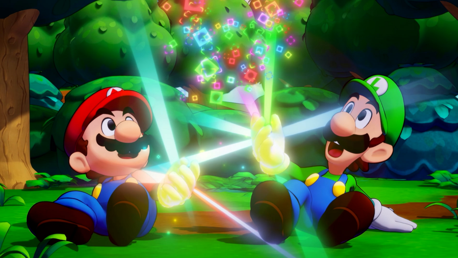 Mario und Luigi halten leuchtende Zauberstäbe.