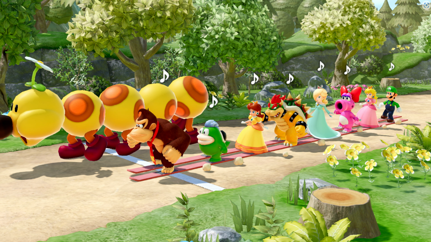 Mario Party Szene. Charaktere gehen auf einem Pfad, Bäume, Gras und blauer Himmel.