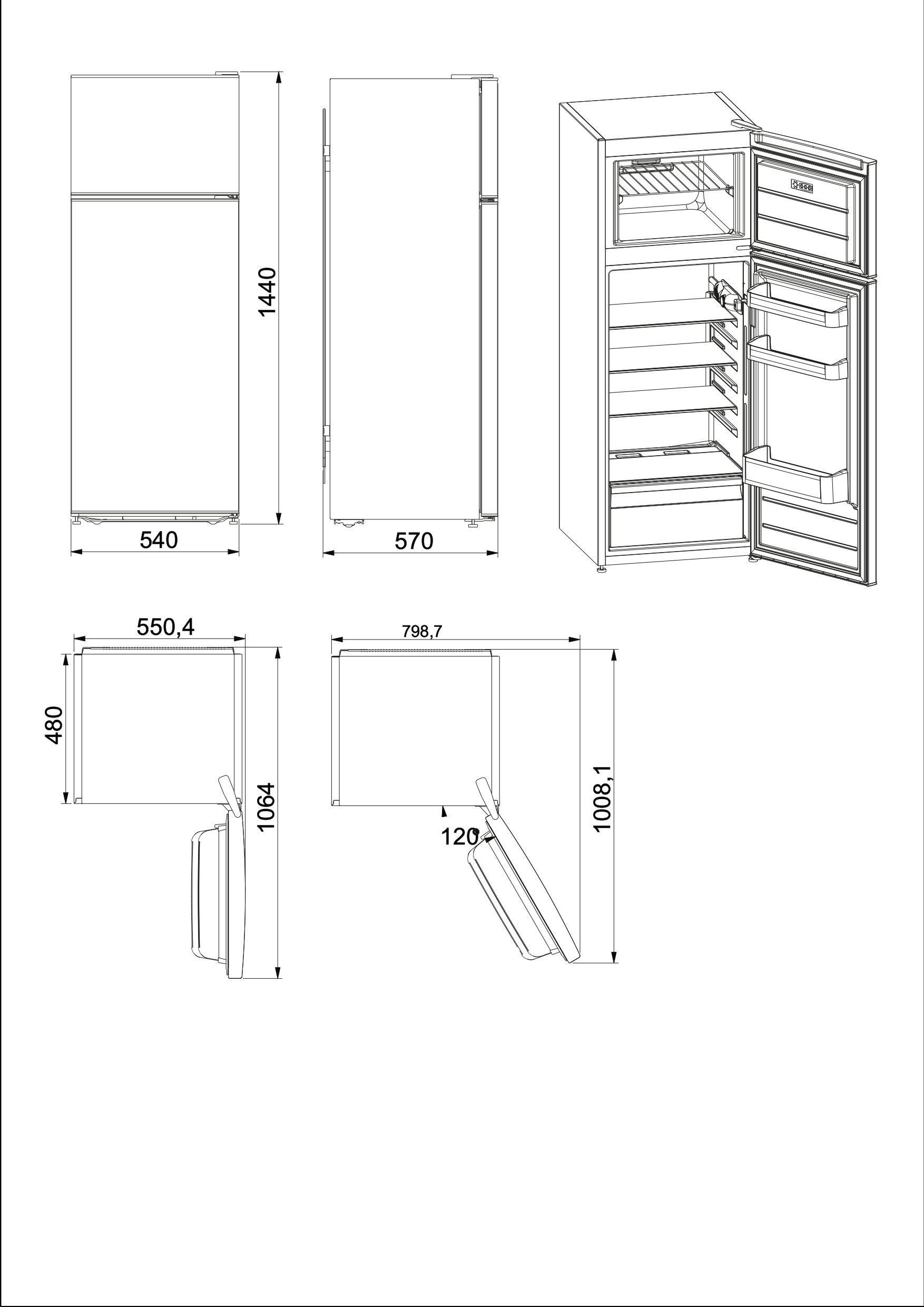 Dibujo lineal de un refrigerador con dimensiones y puerta abierta mostrando estantes.