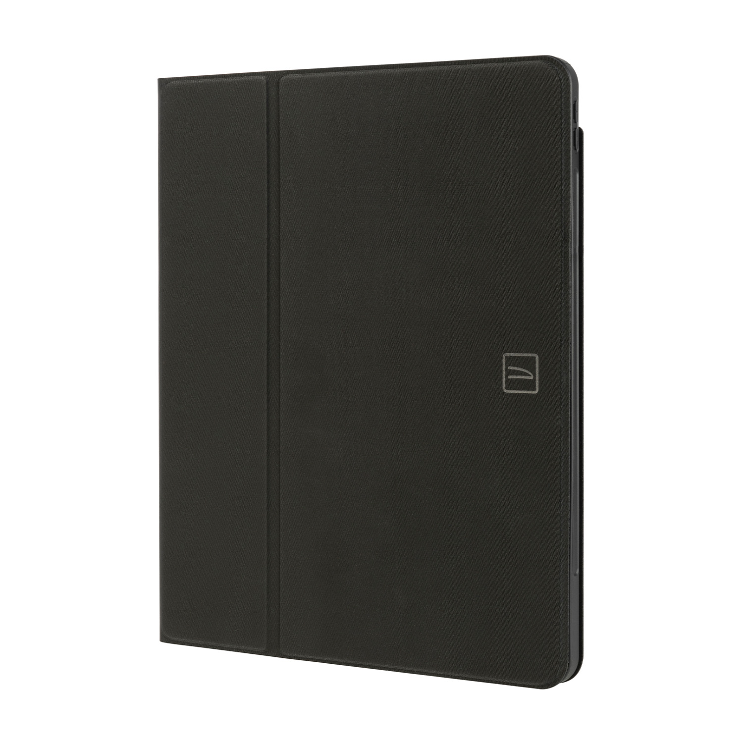 Custodia per tablet nera, chiusa, con logo.