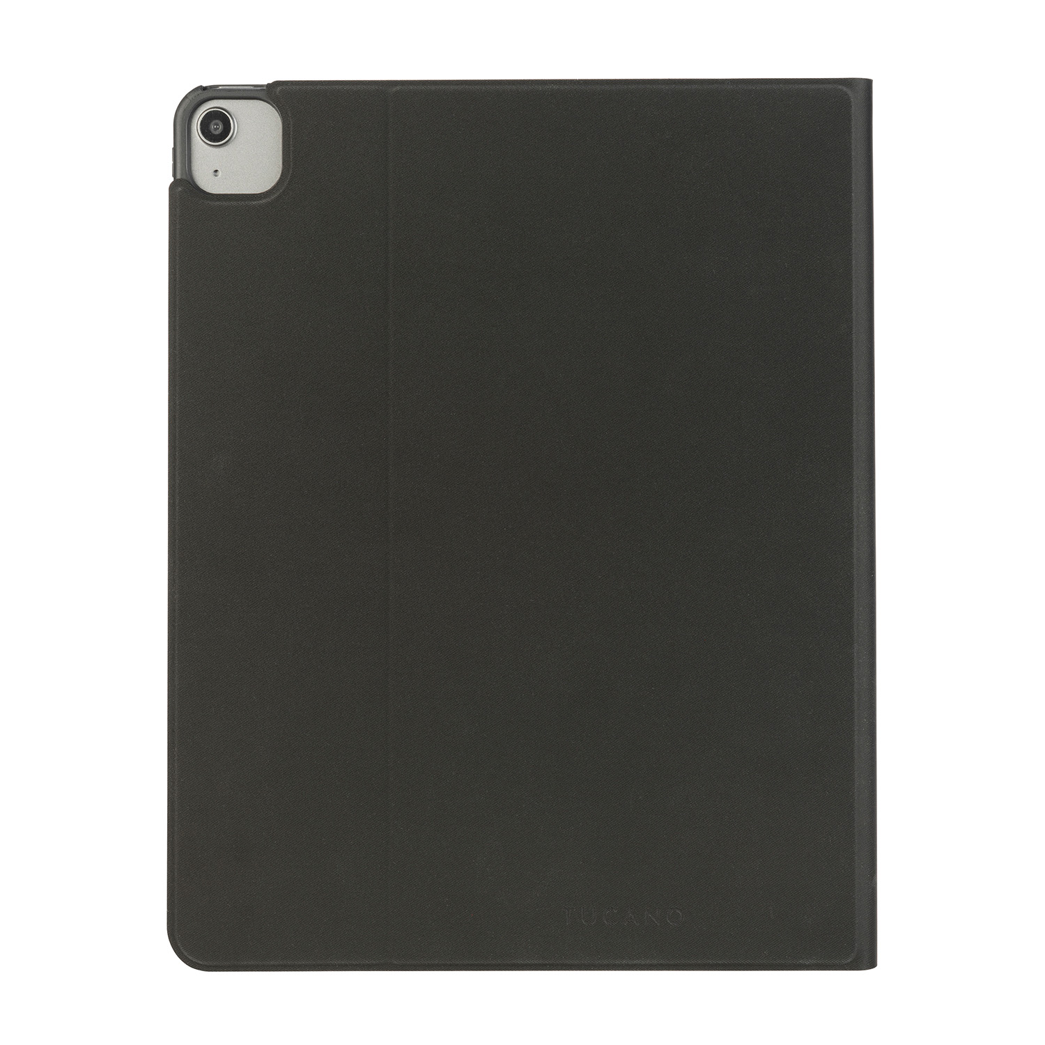 Una custodia per iPad grigio scuro con superficie testurizzata, il logo 'Tucano'.