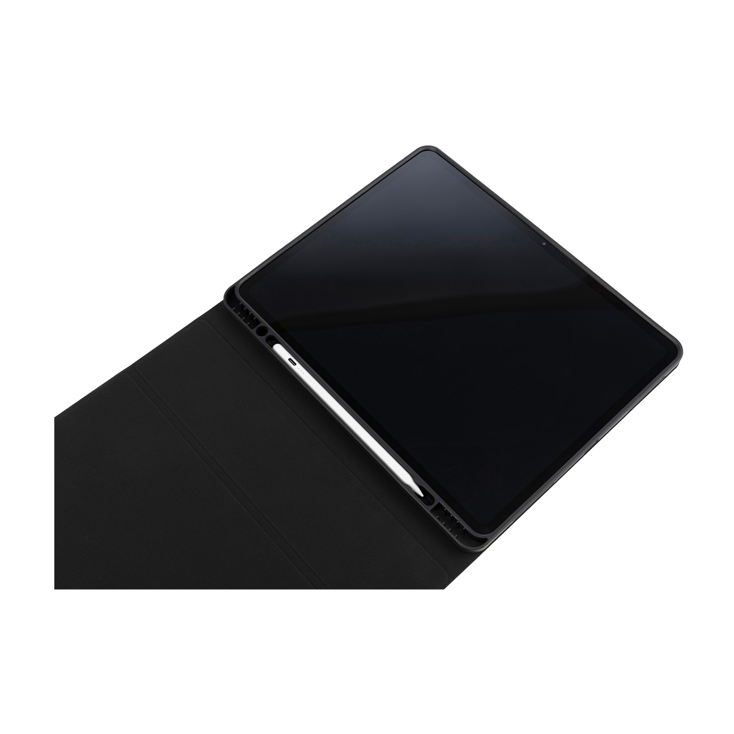 Tablet con stilo, custodia nera e schermo nero.