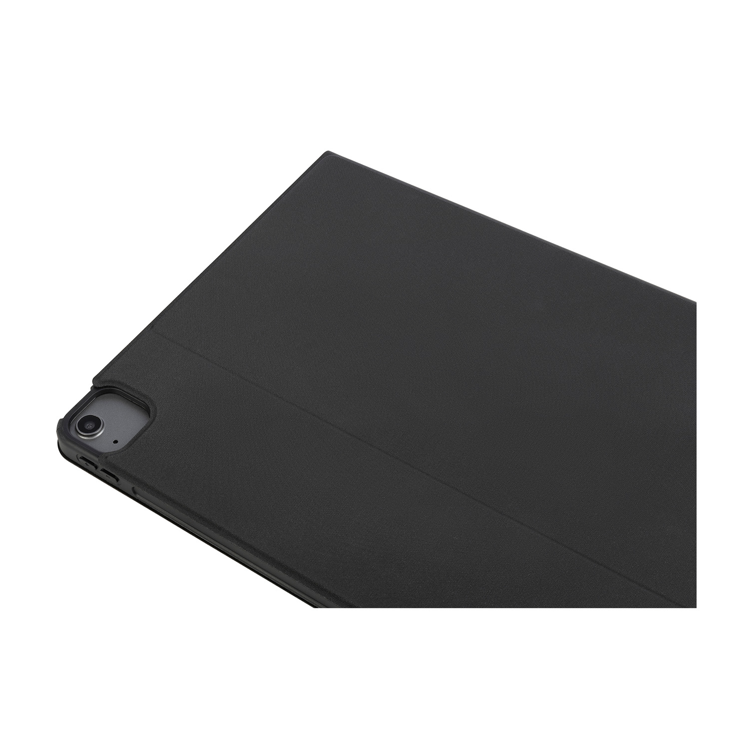 Custodia nera per tablet su sfondo bianco, vista angolata.