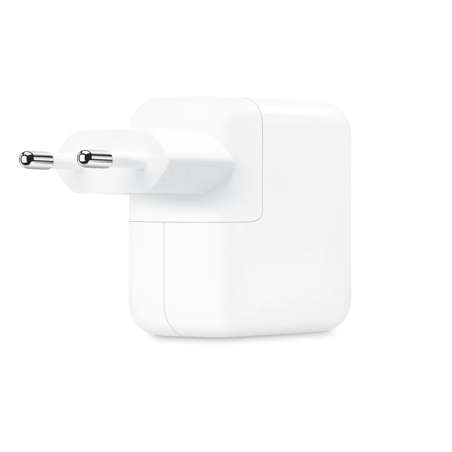 White power adapter with two prongs. It is a white square with a rounded edge.