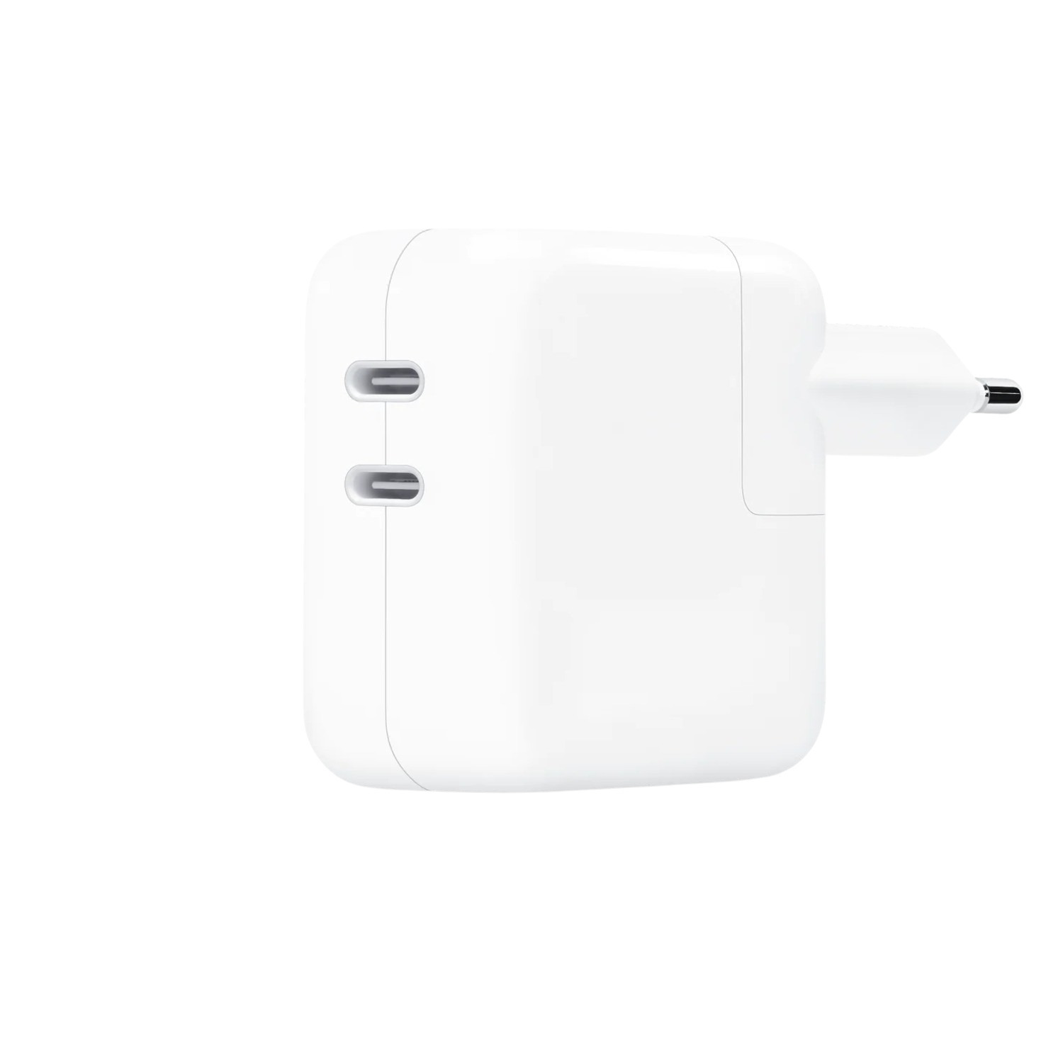 White charger with two USB-C ports and a European plug.