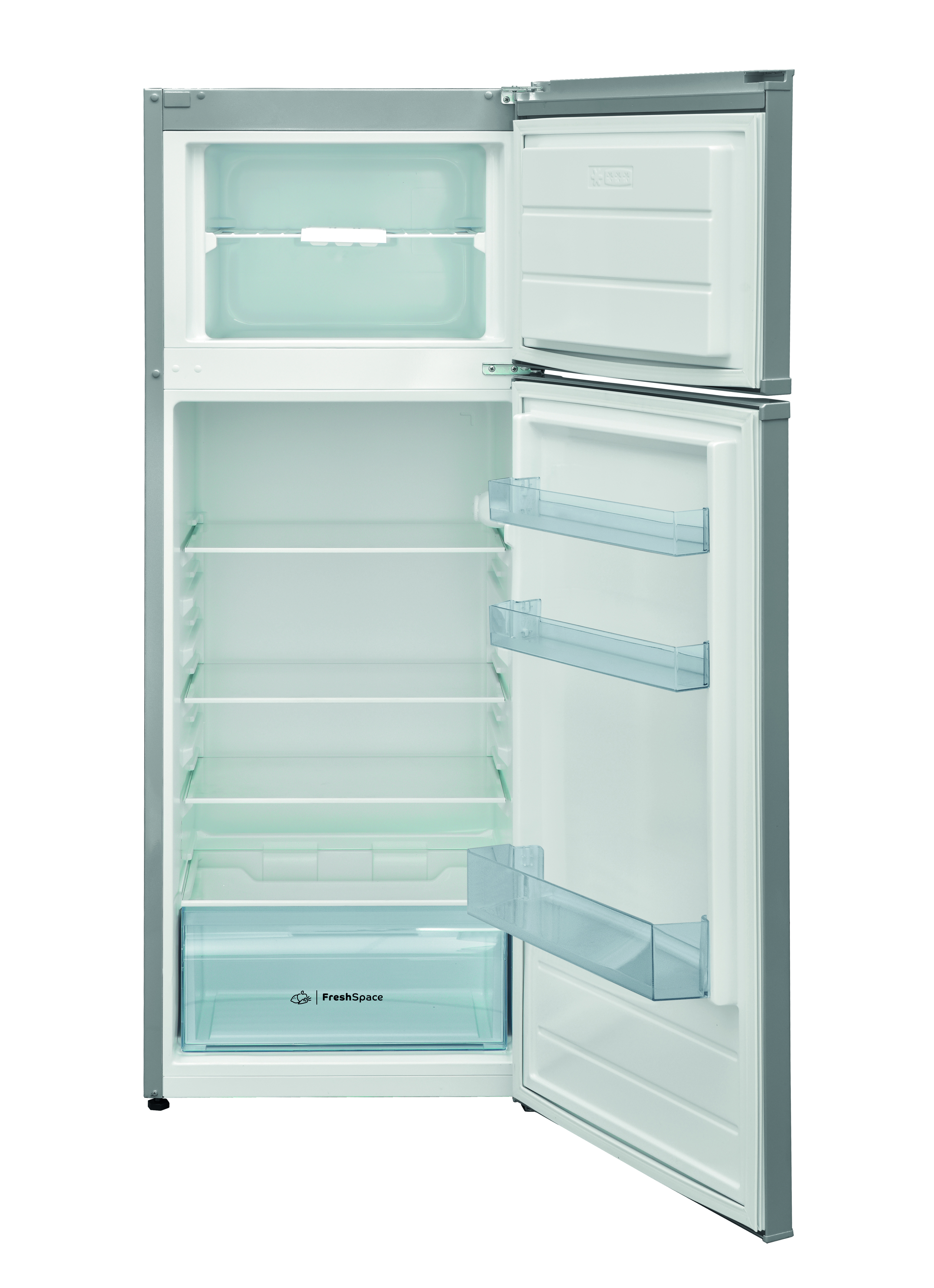 Refrigerador plateado abierto con estantes, cajones y congelador. Interior blanco.