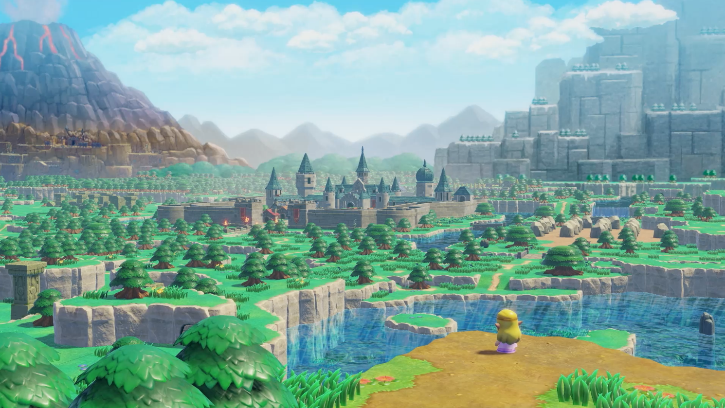 Eine bunte Landschaft mit Burg, See, Bäumen und einer Figur im Vordergrund.