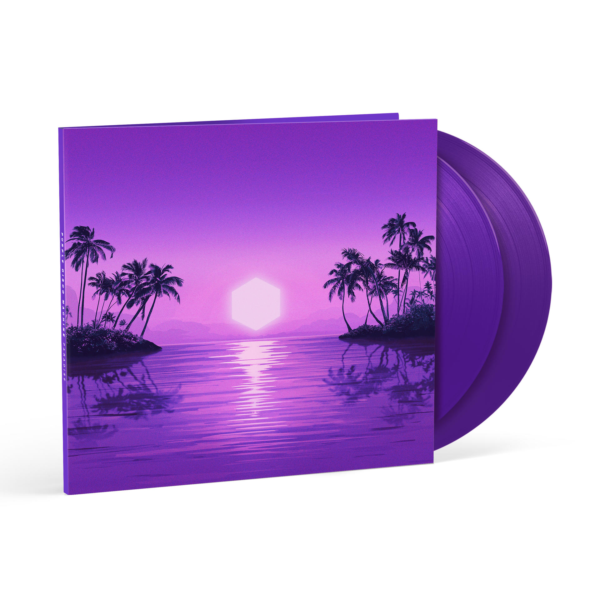 Albumcover: Lila Landschaft mit Sonnenuntergang über Meer und Palmen.