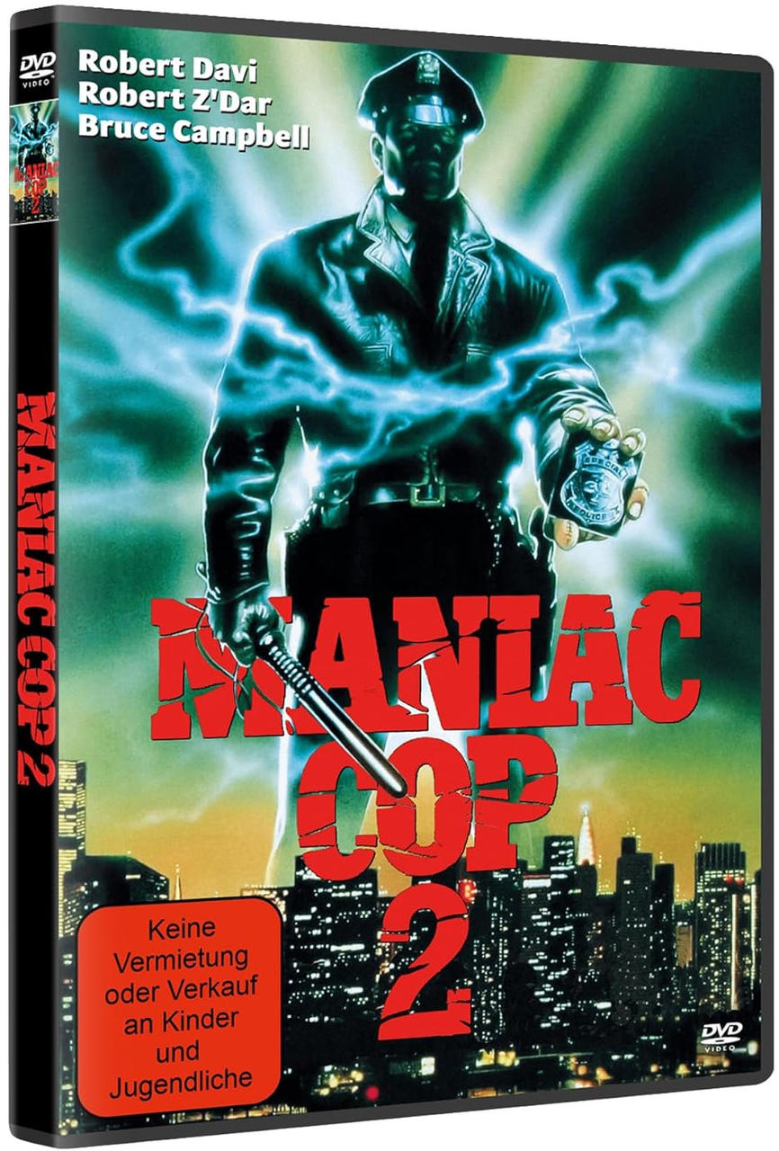 DVD-Cover: Maniac Cop 2, Polizist mit elektrischen Effekten, Stadtkulisse.