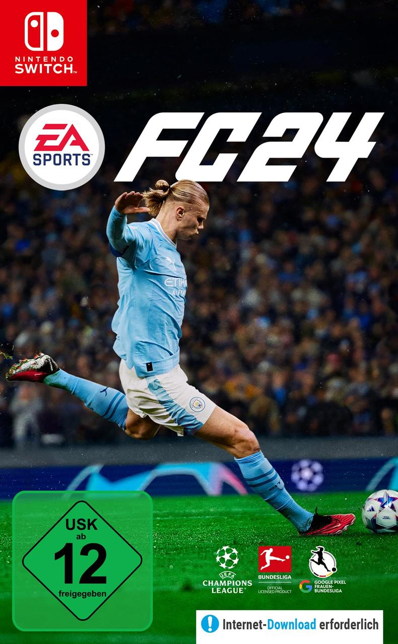 FC24-Spielcover mit Fußballspieler. Grünes Feld, Stadion und USK 12-Bewertung. Nintendo Switch-Logo.
