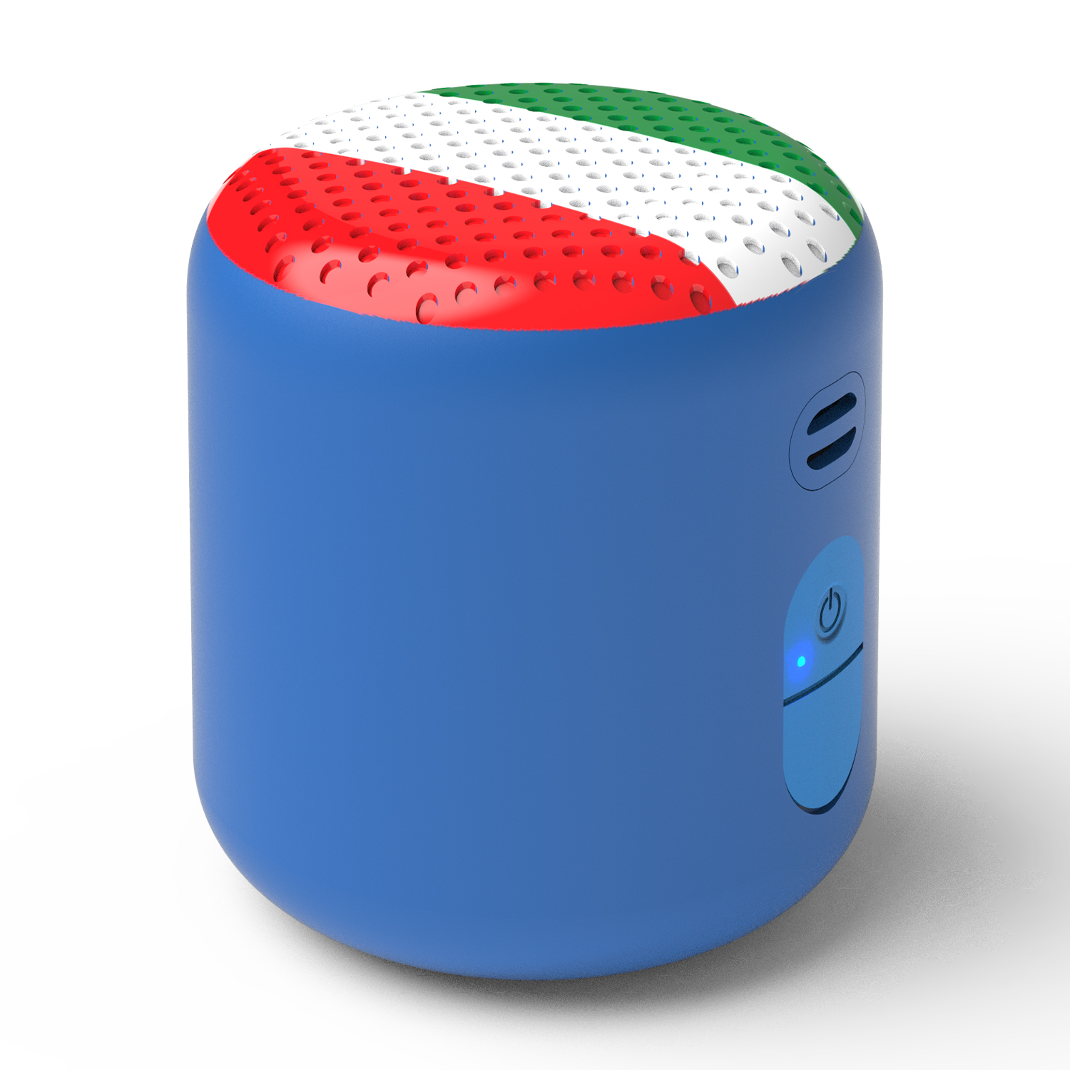 Un altoparlante blu con la parte superiore bianca, rossa e verde. Ha un pulsante di accensione e fori.