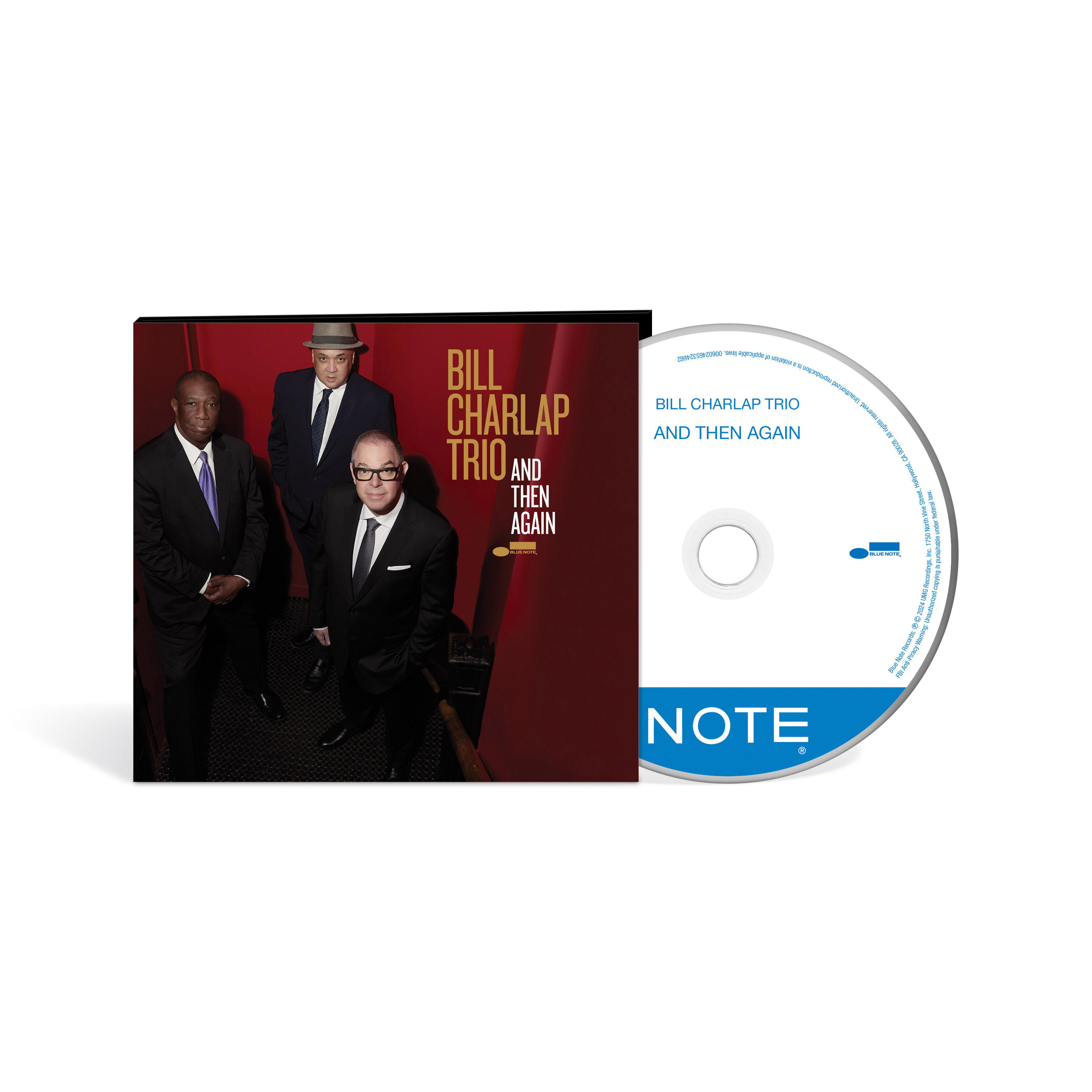 Bill Charlap Trio Albumcover mit drei Männern und einer CD. Albumtitel: 'And Then Again'.