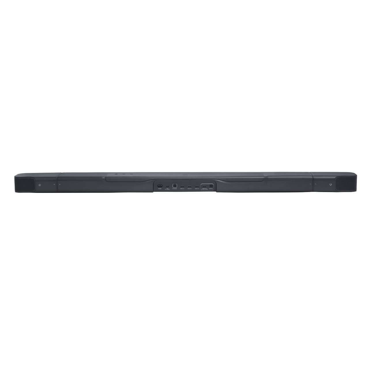 Una barra de sonido gris larga con puertos en la parte trasera sobre un fondo negro. Es una vista horizontal.