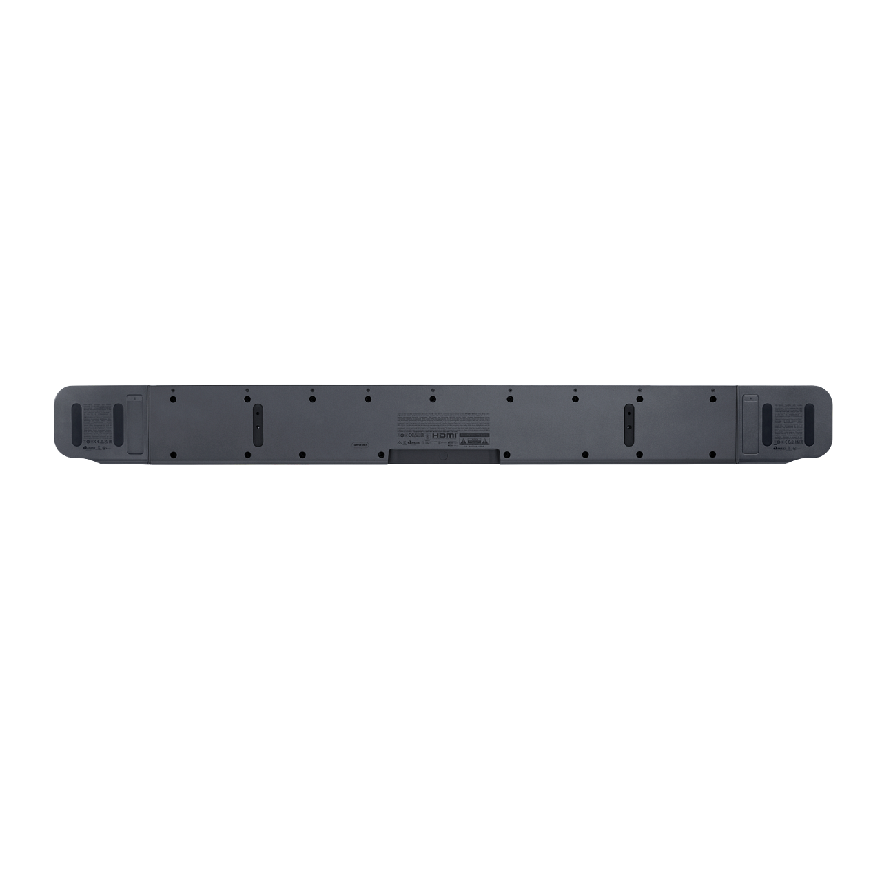 Una barra de sonido negra con múltiples puertos en la parte trasera.