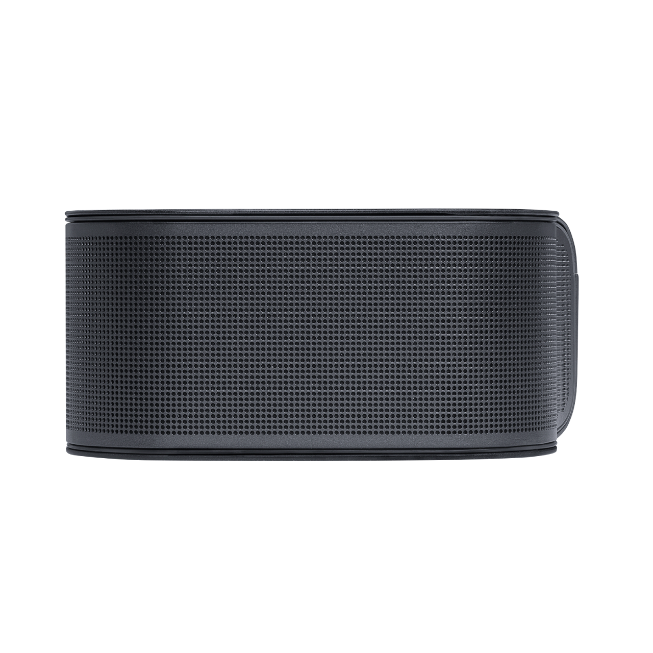 Altavoz negro. Diseño de superficie perforada, forma cilíndrica y acabado liso y oscuro.