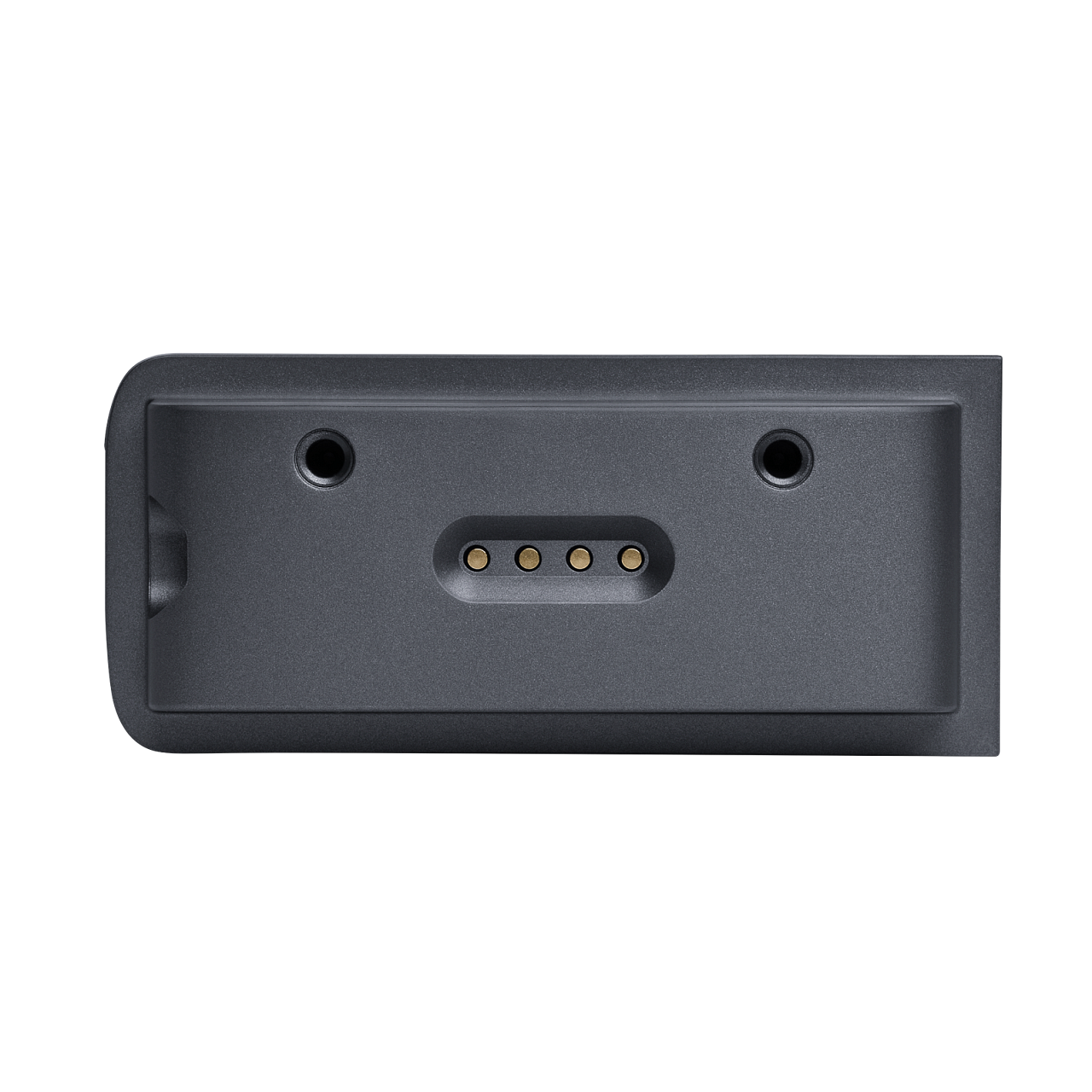 Base de carga gris oscuro con cuatro conectores dorados. Rectangular y con dos orificios.