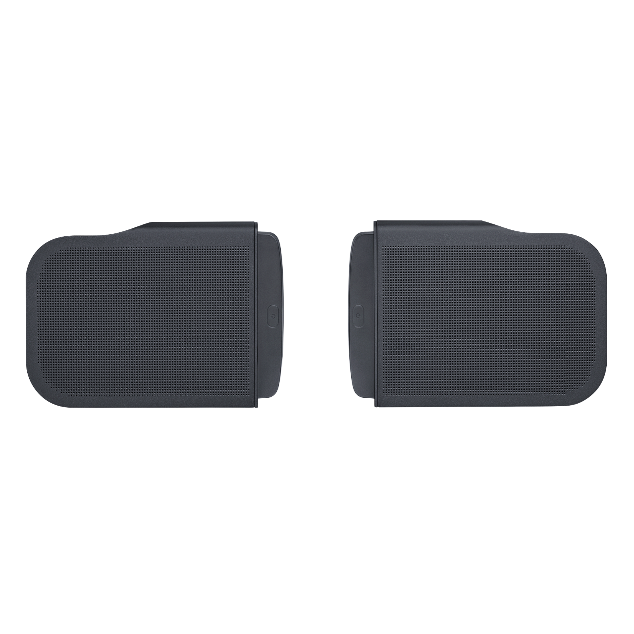Dos altavoces de color oscuro vistos desde arriba. Tienen forma rectangular con un borde redondeado.