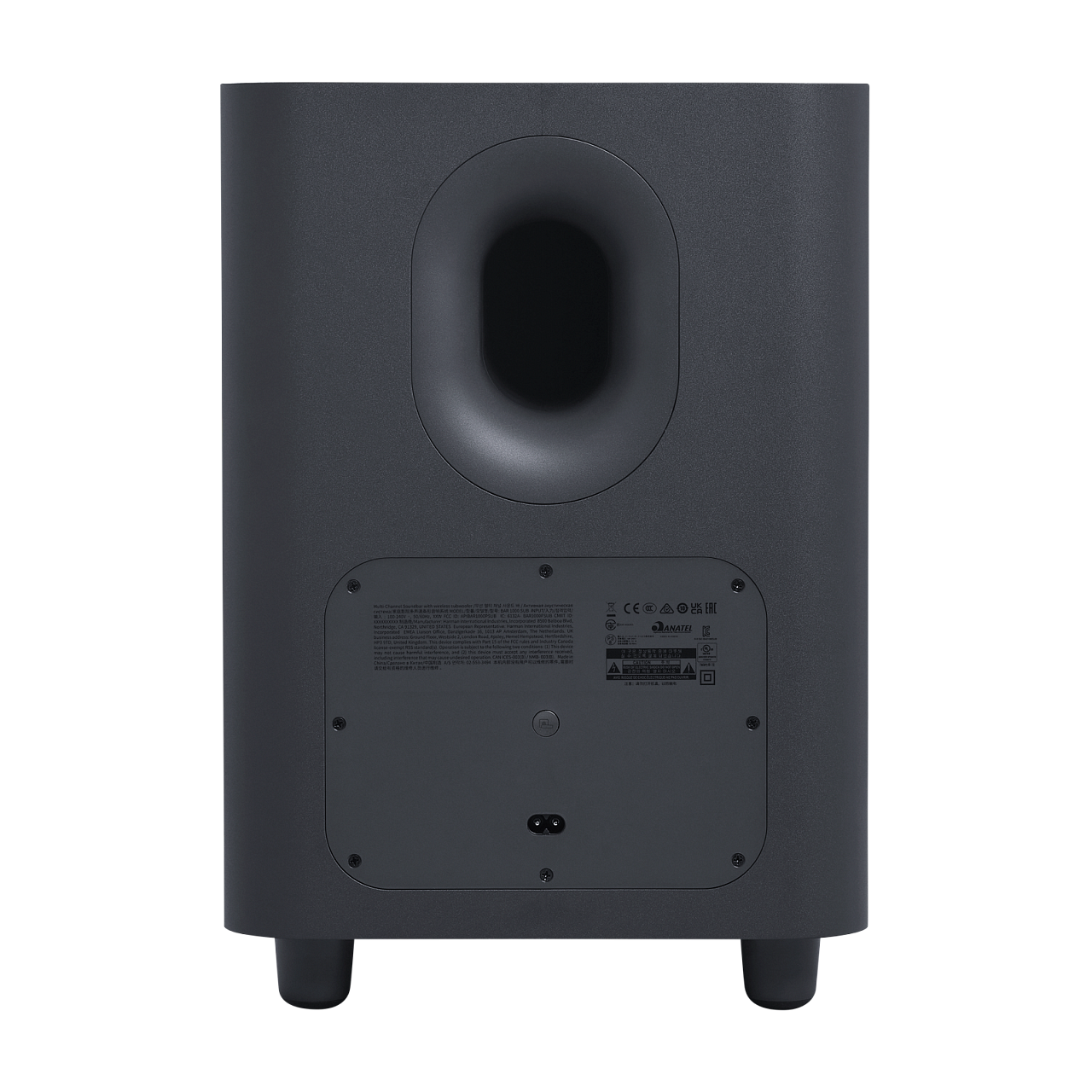 Altavoz subwoofer negro, vista trasera, con etiquetas y puertos.