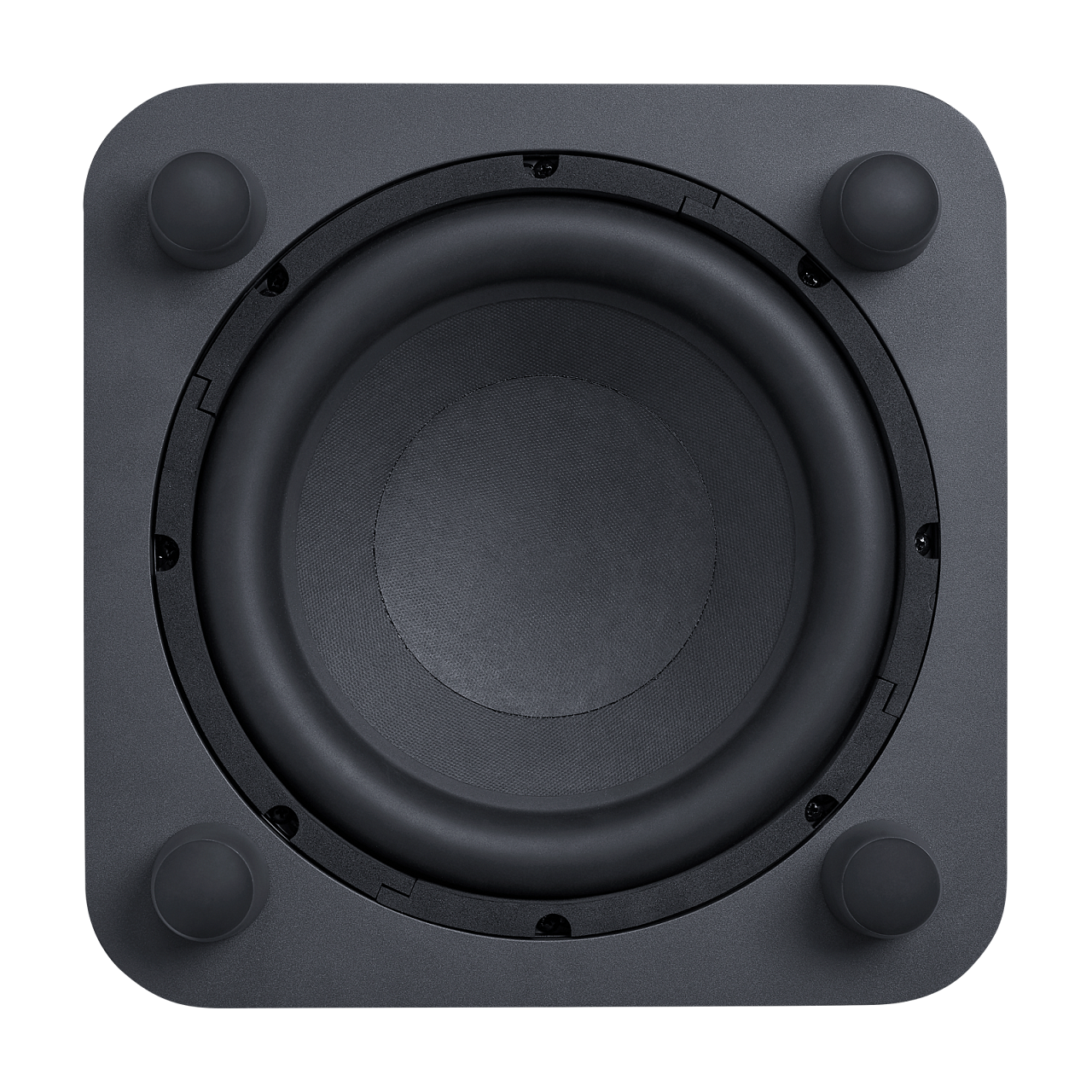 Un subwoofer negro con cuatro patas redondeadas y un cono de altavoz central.