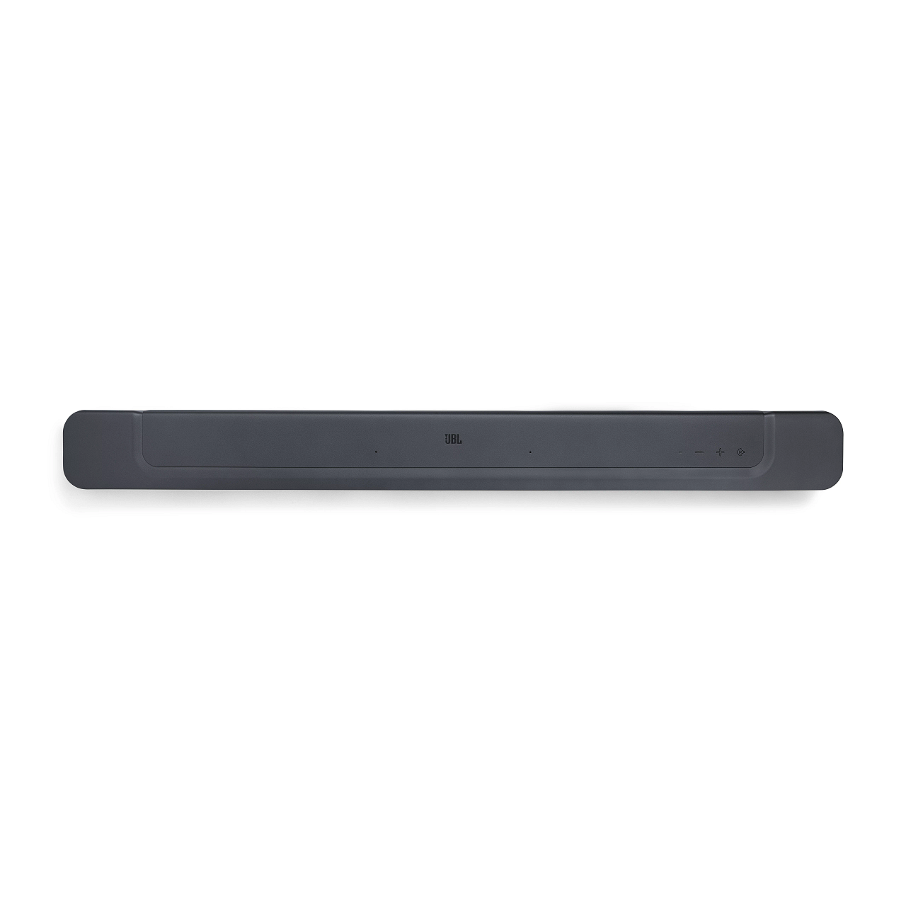Una barra de sonido gris oscuro contra un fondo blanco. La barra de sonido tiene botones y un logotipo.