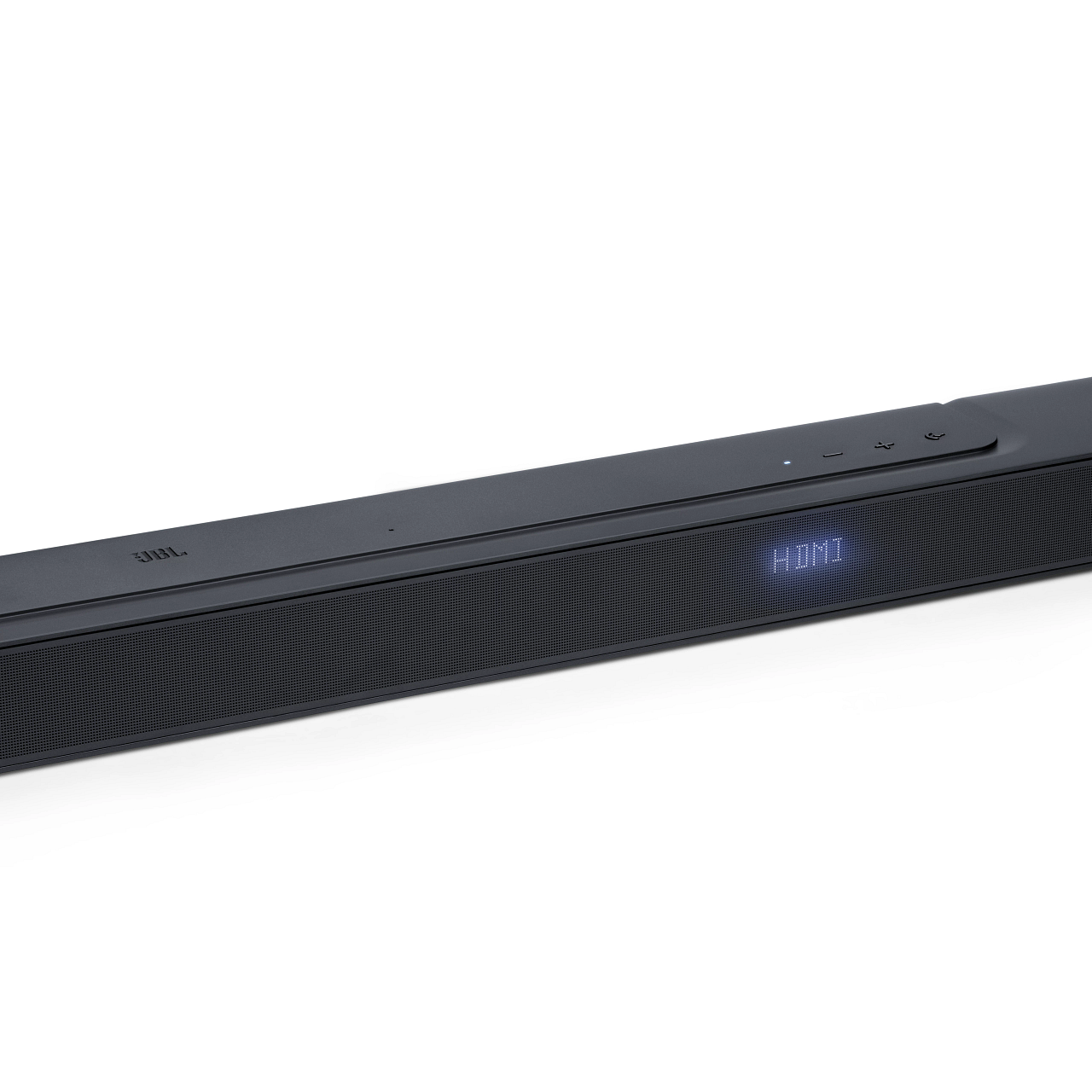 Barra de sonido JBL, negra, con HDMI. Fondo blanco, vista en ángulo.