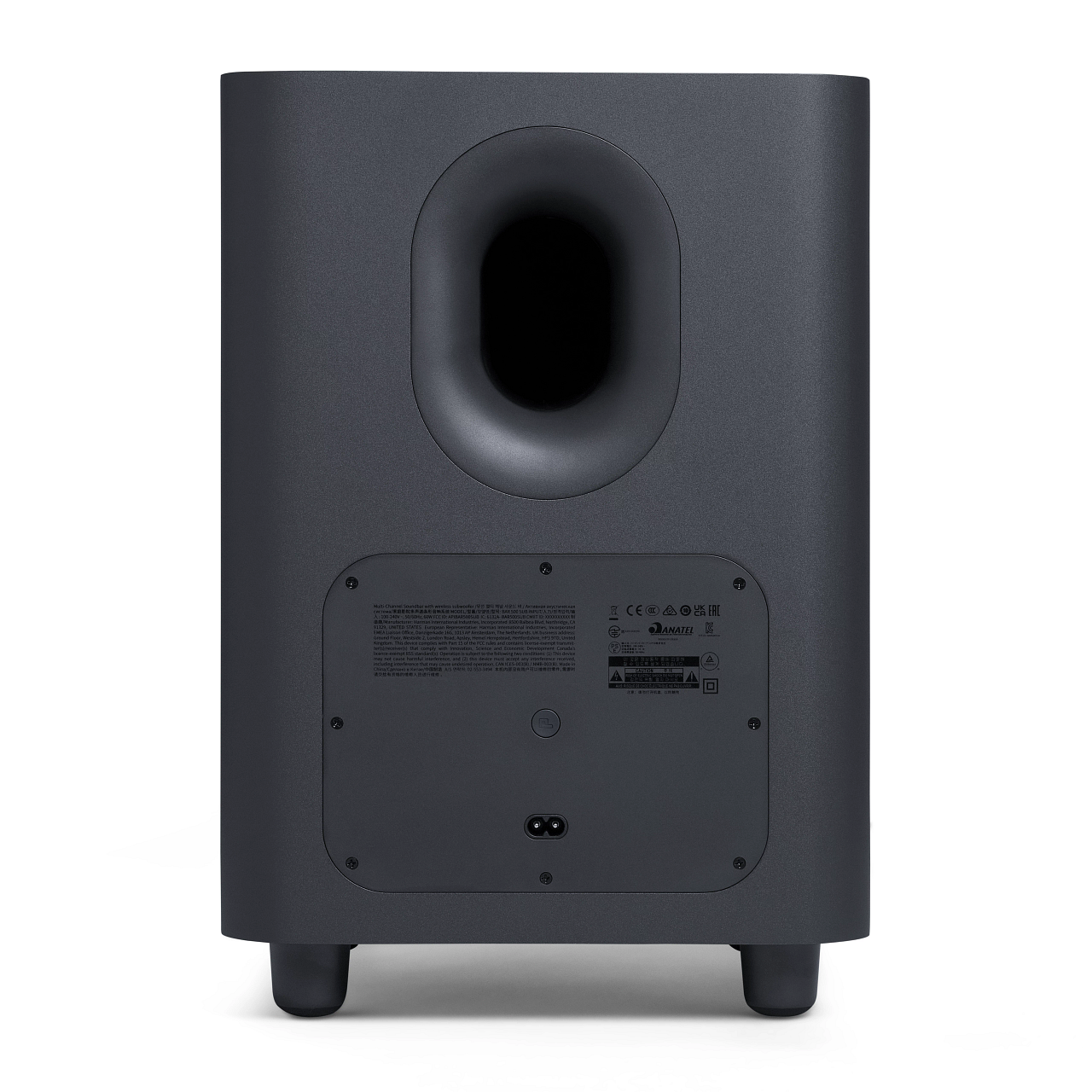 La parte trasera de un subwoofer negro con un puerto grande y conectores.