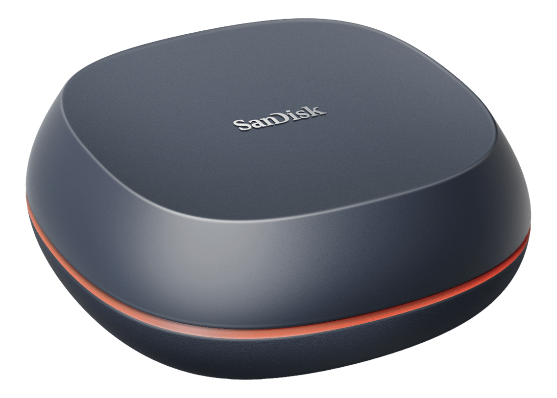 Dunkelgraue, abgerundete SanDisk Festplatte mit orangefarbenem Akzent.