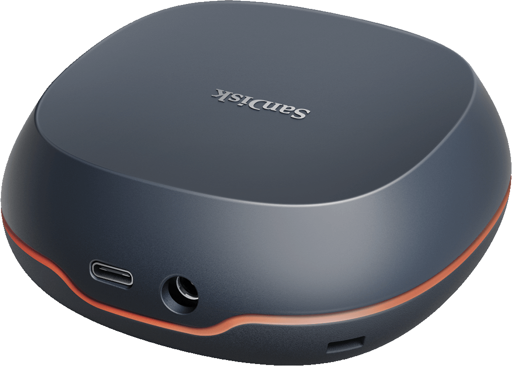 Sandisk externe Festplatte. Dunkelgrau, abgerundet, mit USB-Anschluss und Eingang.