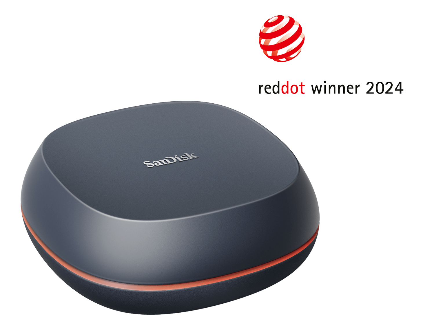 Dunkelgraues SanDisk-Speichergerät mit roten Akzenten und einem Red Dot Winner-Logo.