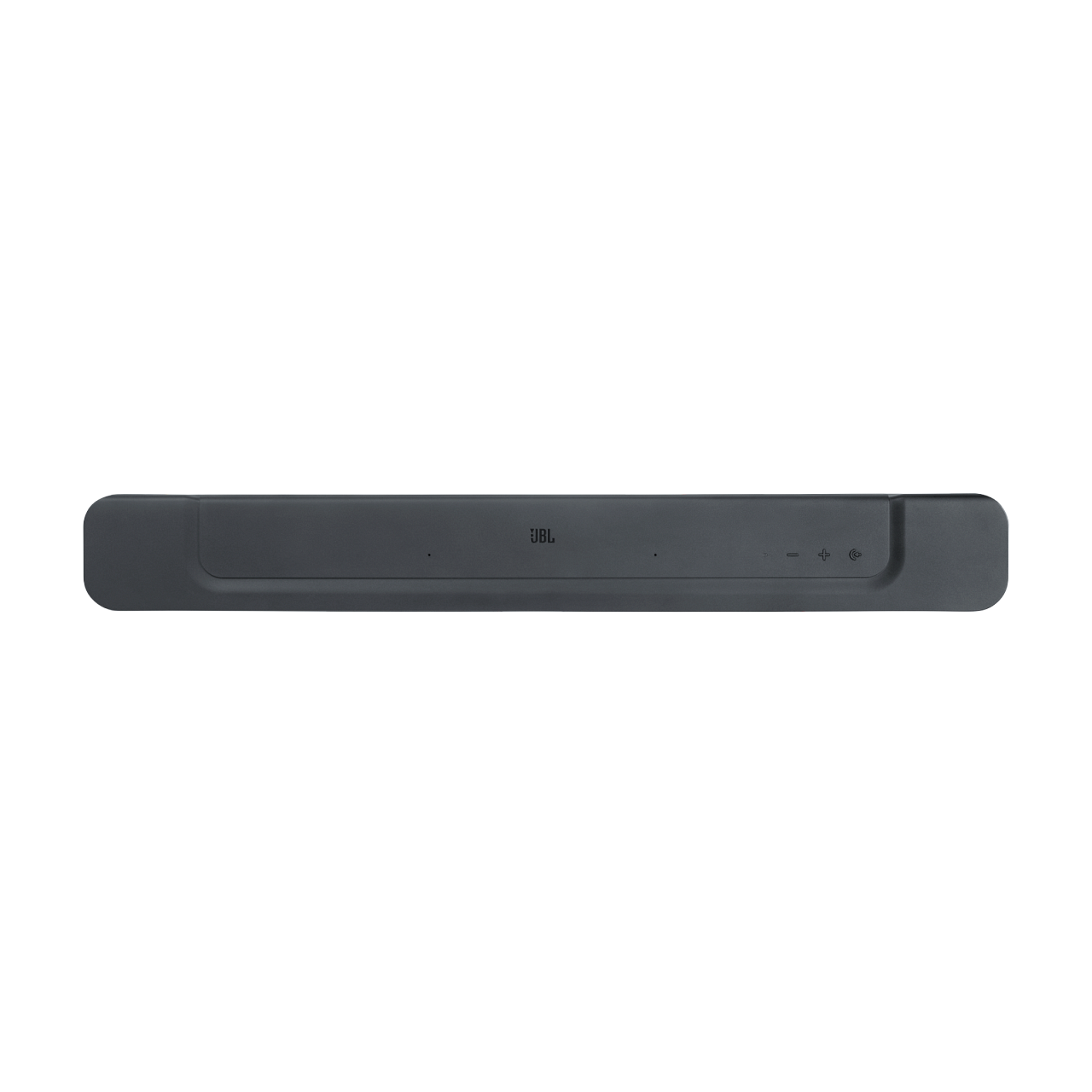 Una barra de sonido JBL gris oscuro. El logotipo de JBL es visible. Los controles están en la parte superior.