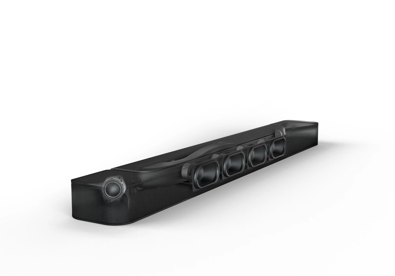 Barra de sonido negra, corte mostrando altavoces internos, fondo blanco.