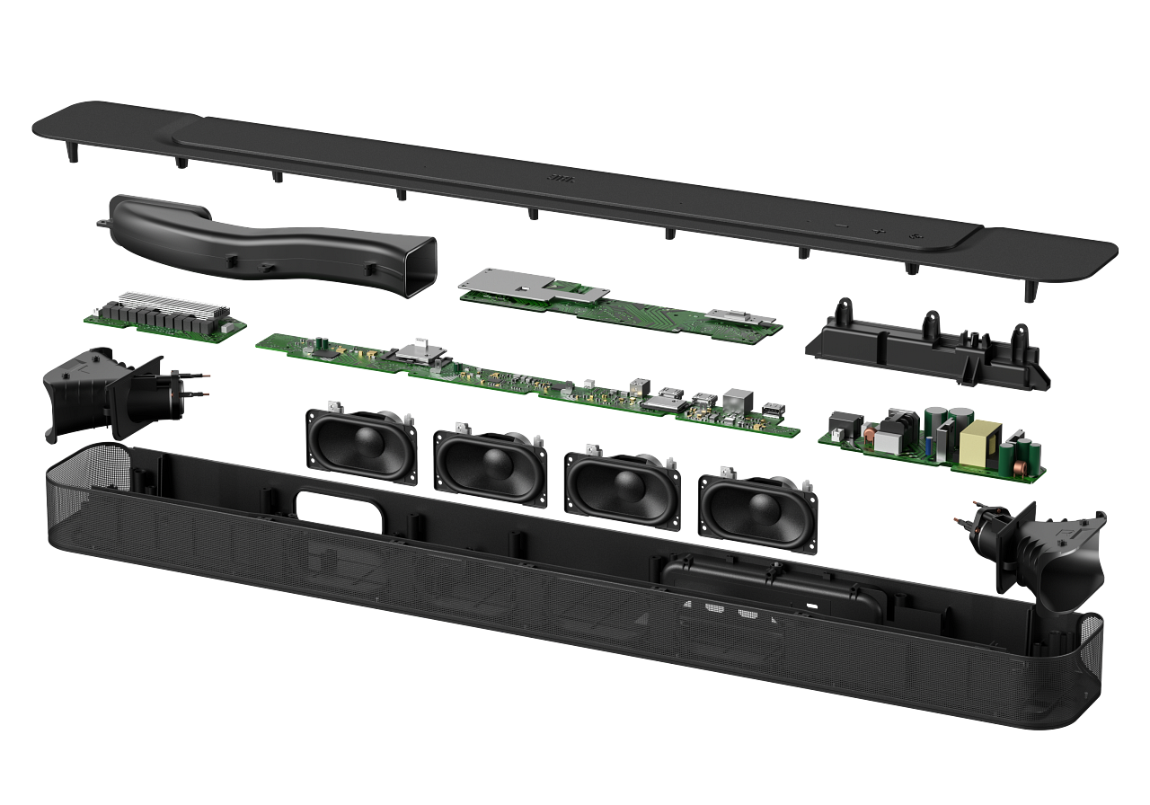 Vista explosionada de una barra de sonido que muestra los componentes internos. Altavoces, placas y carcasa.