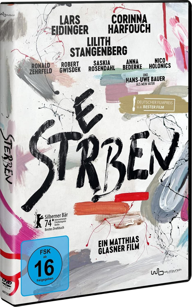 Film-DVD-Cover mit dem Titel 'E Sterben', Schauspielernamen und abstrakter Kunst auf weißem Hintergrund.