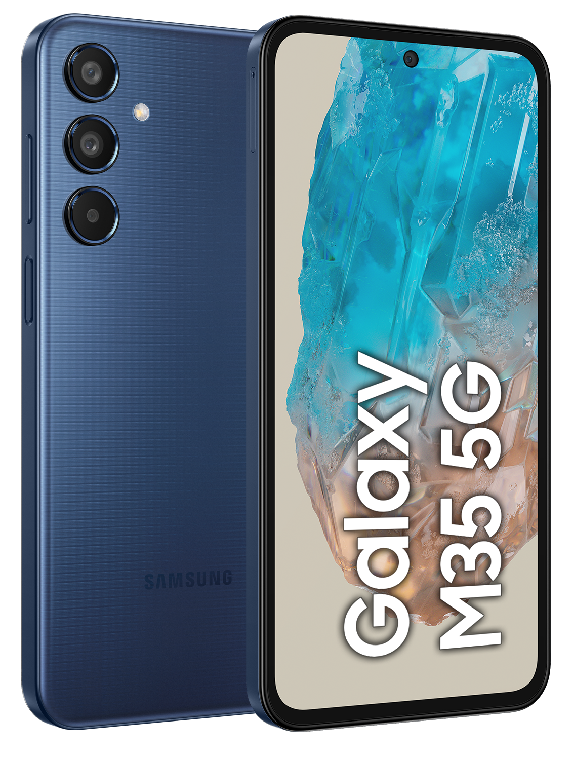 Niebieski telefon Samsung Galaxy M35 5G z potrójnym aparatem i kryształowym ekranem.