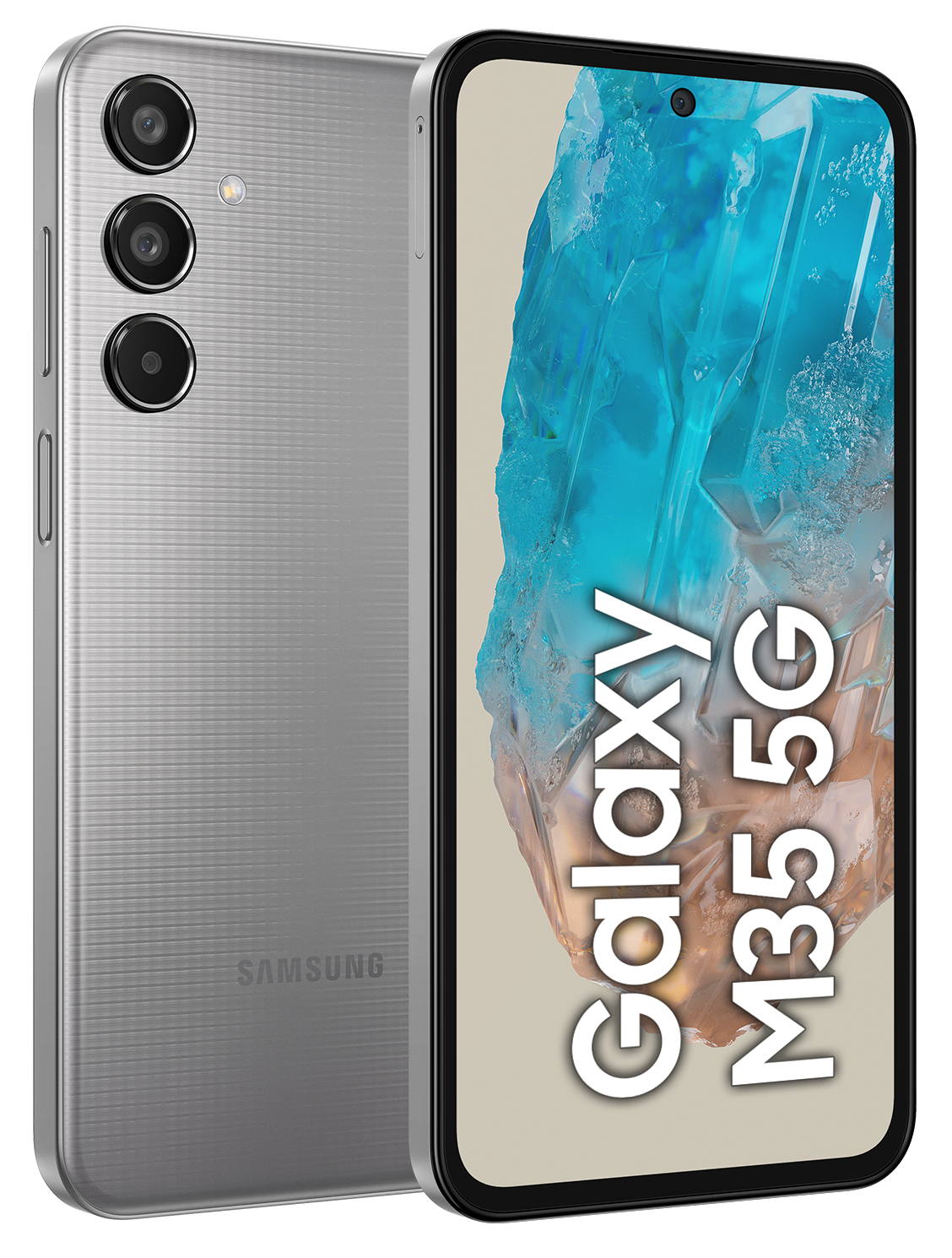 Srebrny telefon Samsung Galaxy M35 5G z niebieskim obrazem na ekranie.