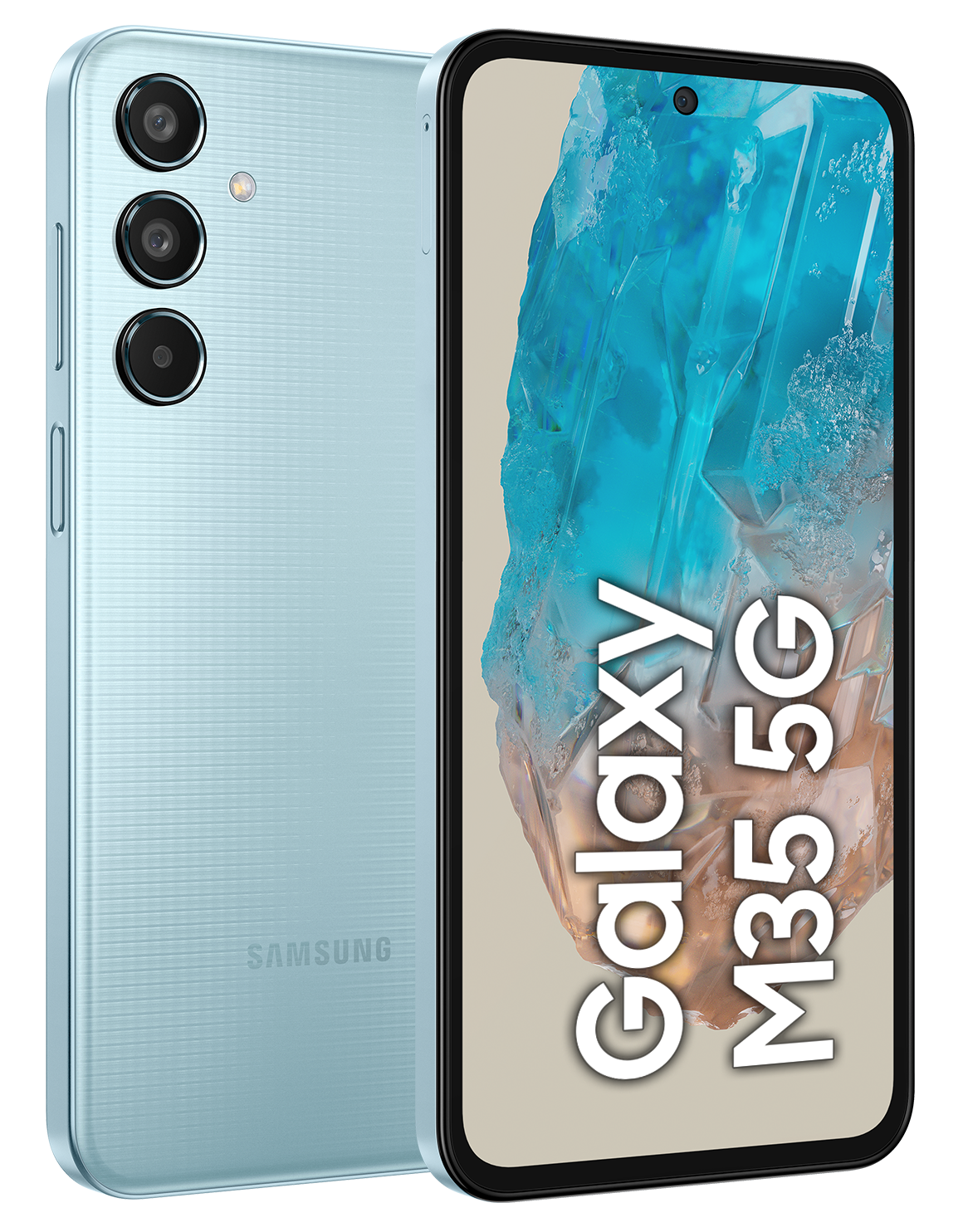 Jasnoniebieski smartfon, pokazujący tył i ekran wyświetlający grafikę.