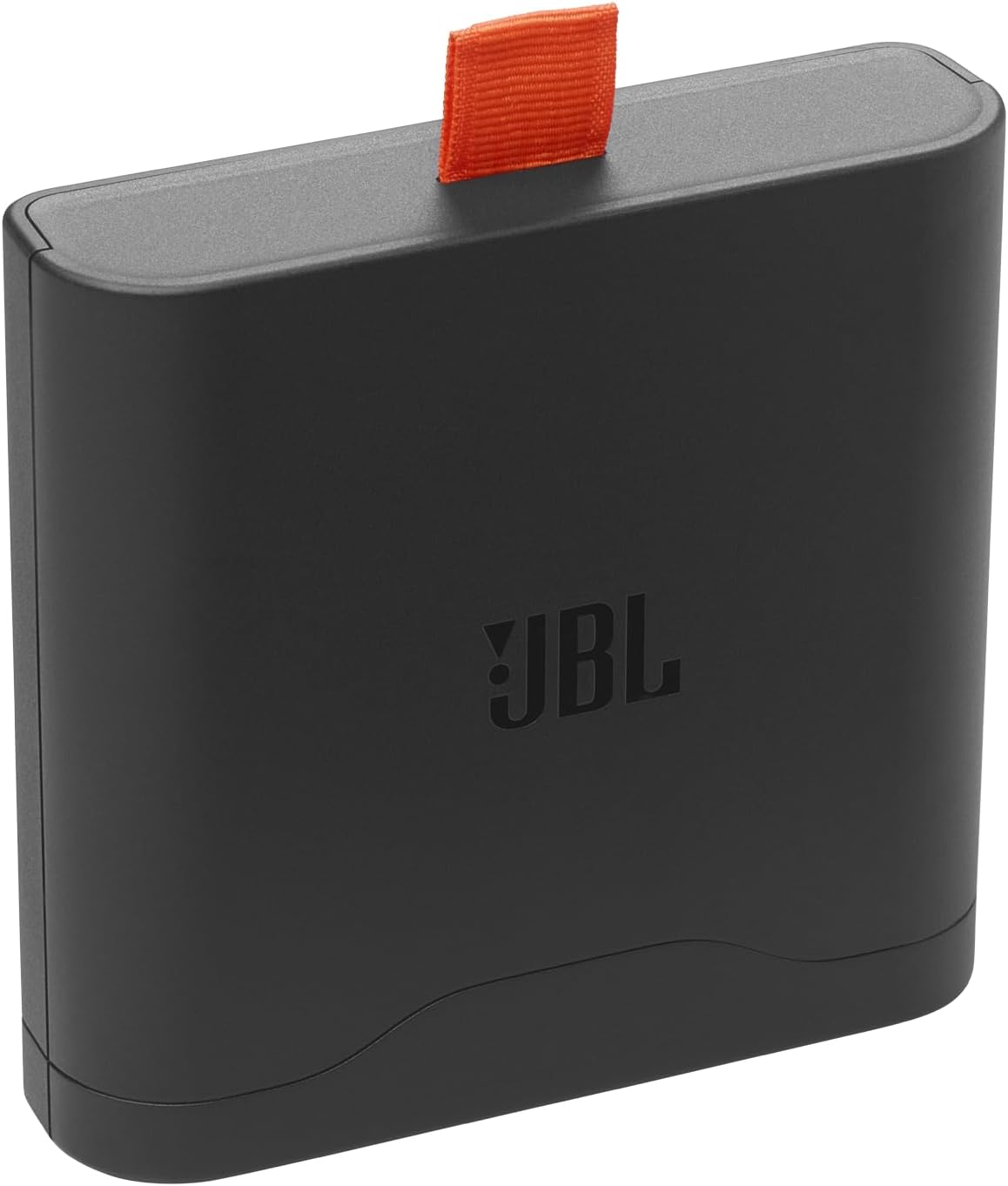 Altavoz JBL rectangular negro con lengüeta naranja. Logotipo JBL en relieve.