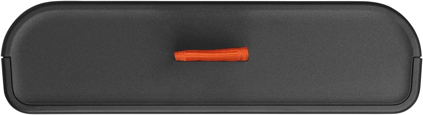 Dispositivo negro con lengüeta naranja. Diseño simple y rectangular. Color oscuro.