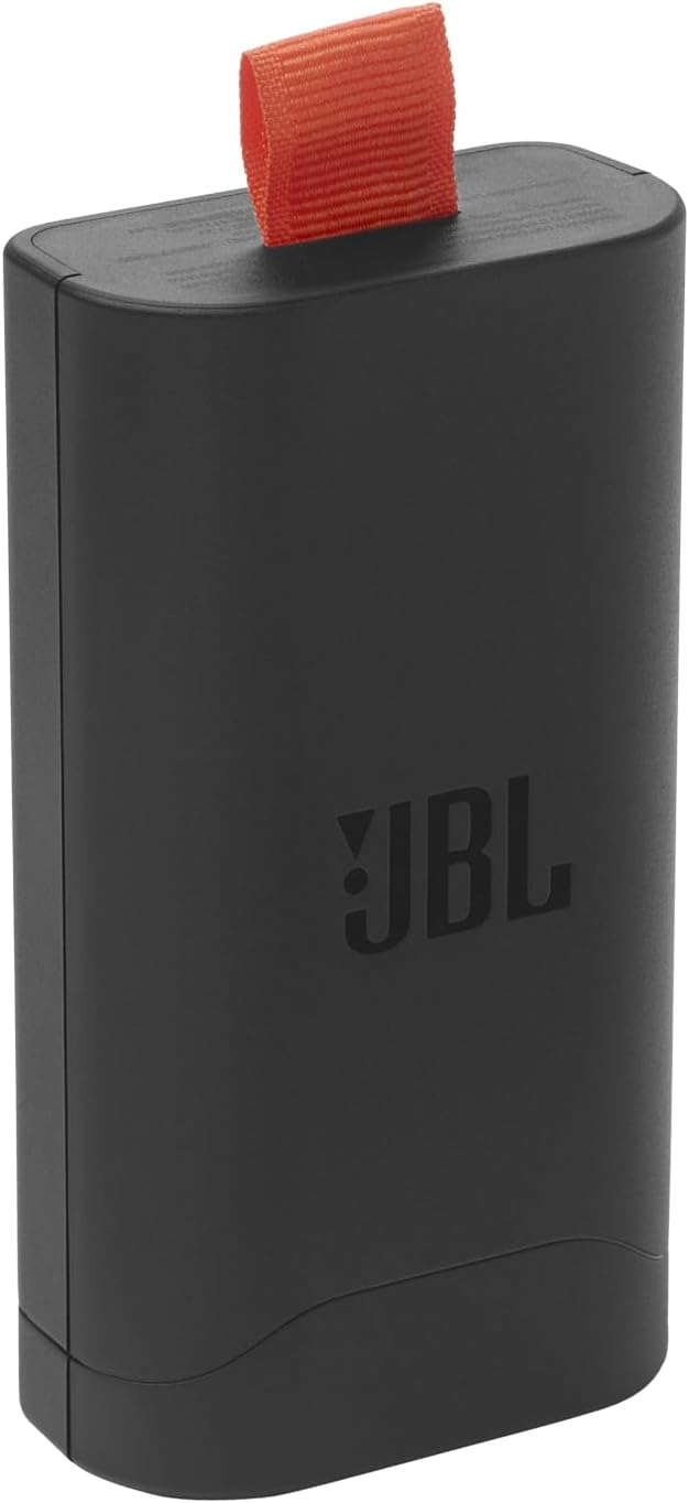 Altavoz JBL rectangular negro con correa naranja. El logo JBL está grabado.
