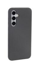 Una funda de teléfono gris oscuro con tres cámaras sobre un fondo blanco.
