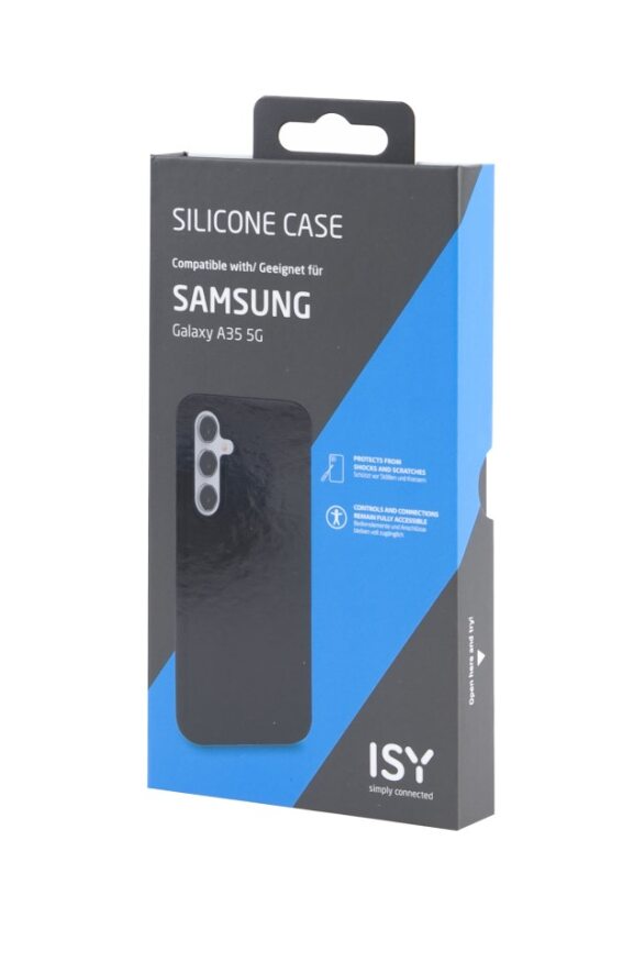 Una funda negra para teléfono en una caja con texto para Samsung Galaxy A35 5G.