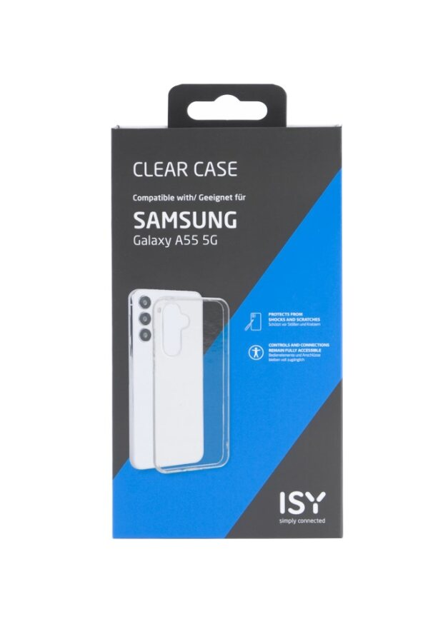 Caja para una funda transparente para teléfono. Texto: 'Clear Case' y 'Samsung Galaxy A55 5G'. Se muestra una funda.