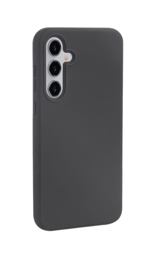 Funda de teléfono gris oscuro con tres lentes de cámara en la parte trasera y un botón lateral.