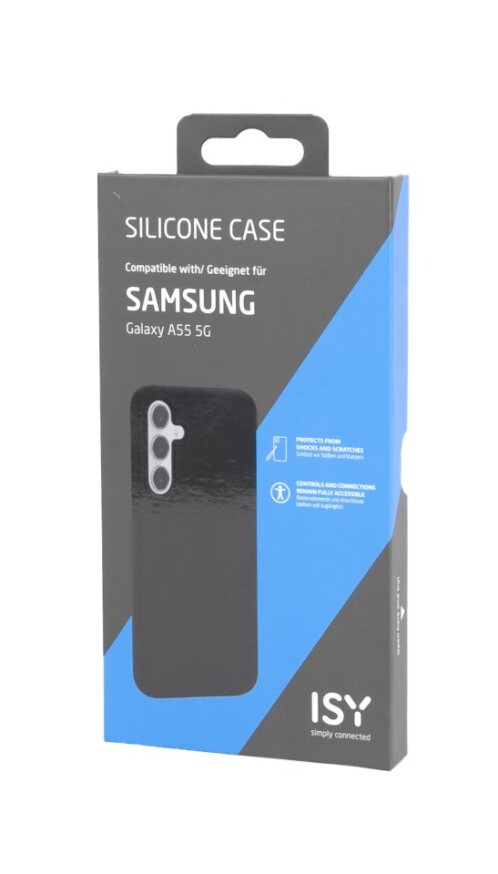 Funda negra para teléfono Samsung Galaxy A55 5G en una caja. La funda tiene un recorte para la cámara. La caja dice 'SILICONE CASE'.