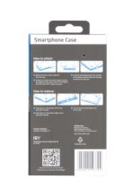 Un embalaje blanco de funda para smartphone con ilustraciones y texto sobre cómo usarla.