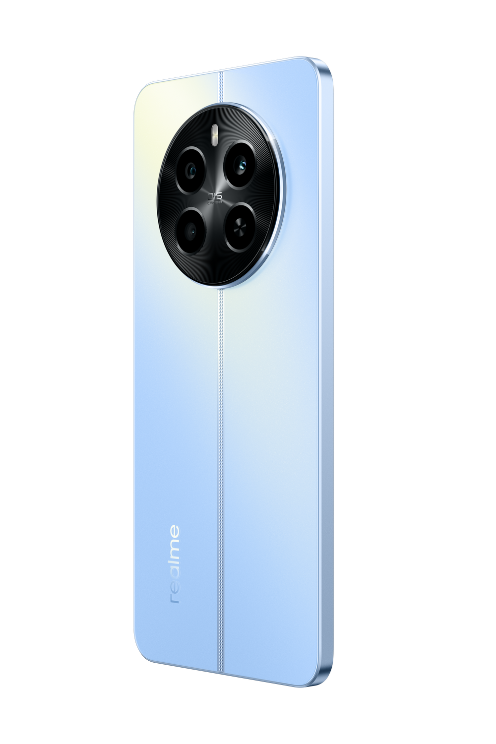 Un teléfono inteligente azul y blanco con un gran módulo de cámara en la parte trasera.